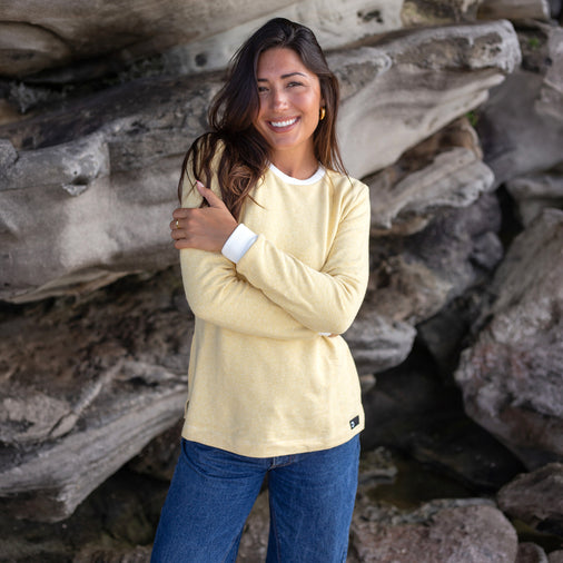 The Women's Limited Edition Yellow Pinstripe Hemp Sweatshirt in 55% Hemp, 45% Organic Cotton, Yellow / White Pinstripe