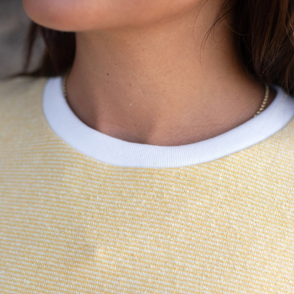 The Women's Limited Edition Yellow Pinstripe Hemp Sweatshirt in 55% Hemp, 45% Organic Cotton, Yellow / White Pinstripe