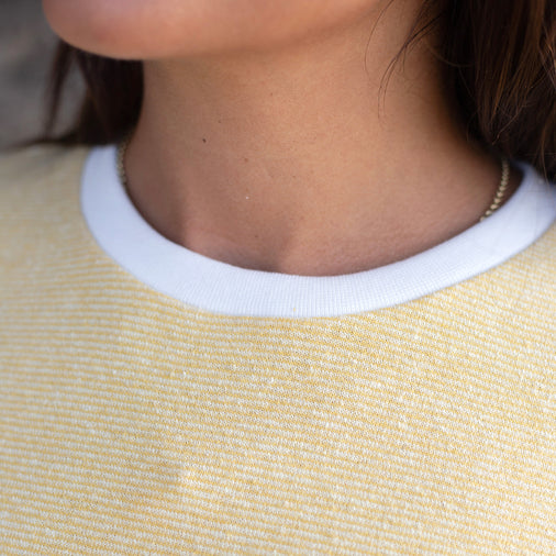 The Women's Limited Edition Yellow Pinstripe Hemp Sweatshirt in 55% Hemp, 45% Organic Cotton, Yellow / White Pinstripe