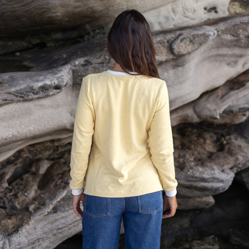 The Women's Limited Edition Yellow Pinstripe Hemp Sweatshirt in 55% Hemp, 45% Organic Cotton, Yellow / White Pinstripe