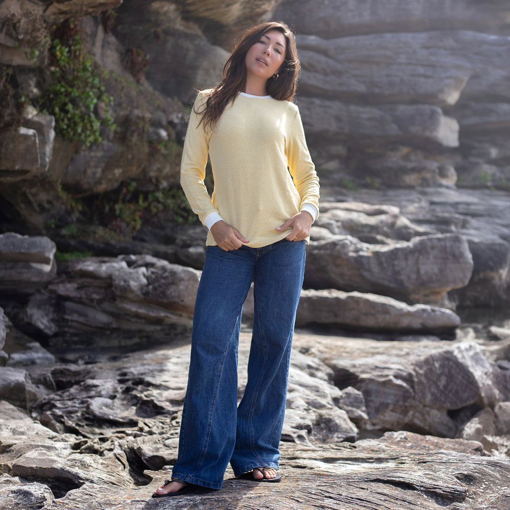 The Women's Limited Edition Yellow Pinstripe Hemp Sweatshirt in 55% Hemp, 45% Organic Cotton, Yellow / White Pinstripe