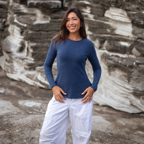 The Women's Limited Edition LS Crew Tee in 55% Hemp / 45% Organic Cotton 210GSM, Indigo Black Pinstripe