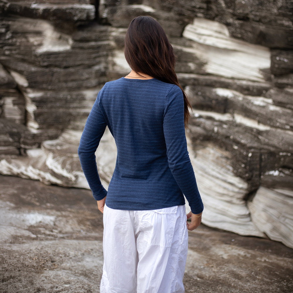 The Women's Limited Edition LS Crew Tee in 55% Hemp / 45% Organic Cotton 210GSM, Indigo Black Pinstripe