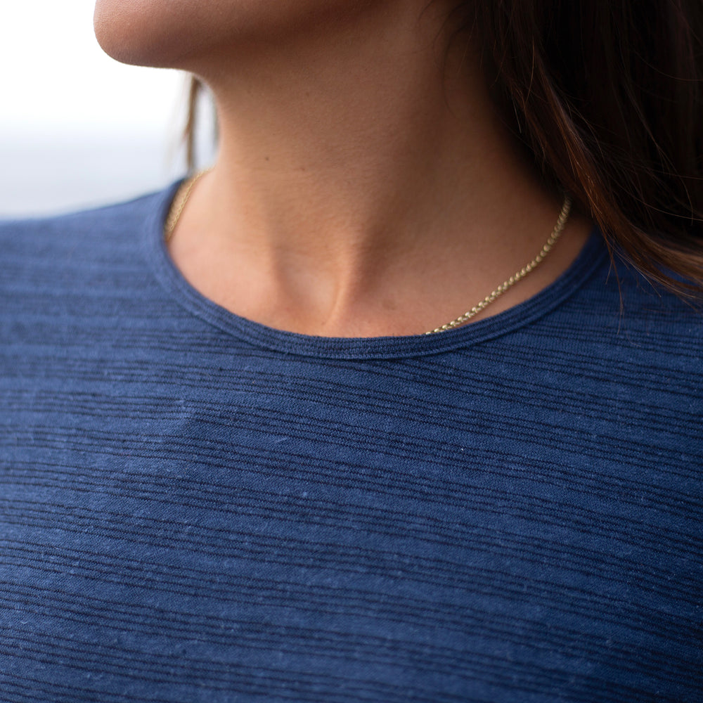The Women's Limited Edition LS Crew Tee in 55% Hemp / 45% Organic Cotton 210GSM, Indigo Black Pinstripe