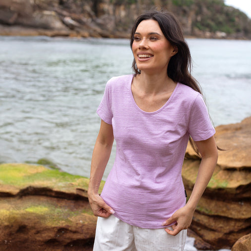 The Women's Mud To Marle Tee in 70% Australian Cotton / 30% Merino Wool 210GSM, Thistle Purple