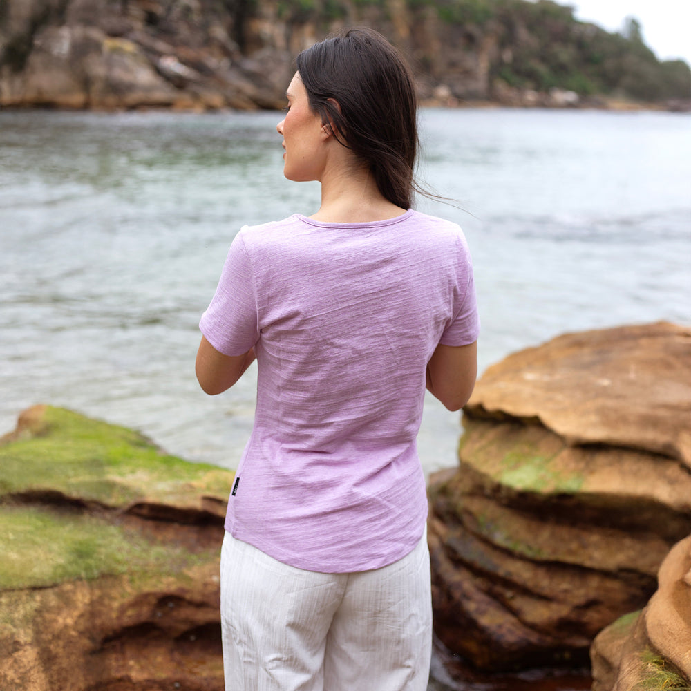 The Women's Mud To Marle Tee in 70% Australian Cotton / 30% Merino Wool 210GSM, Thistle Purple