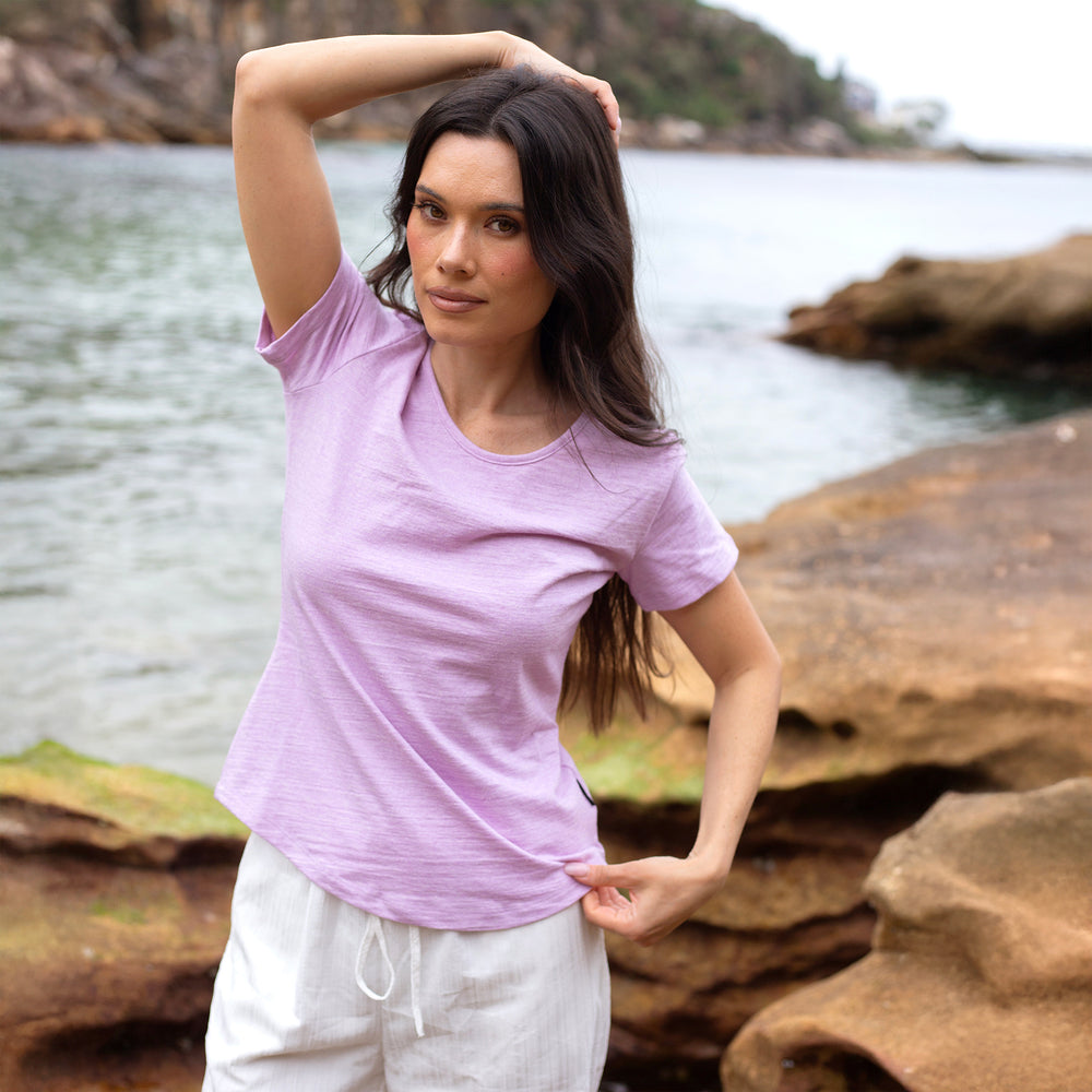 The Women's Mud To Marle Tee in 70% Australian Cotton / 30% Merino Wool 210GSM, Thistle Purple