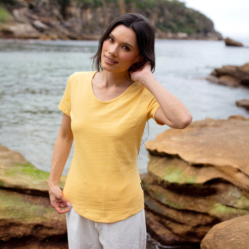 The Women's Mud To Marle Tee in 70% Australian Cotton / 30% Merino Wool 210GSM, Maize Yellow