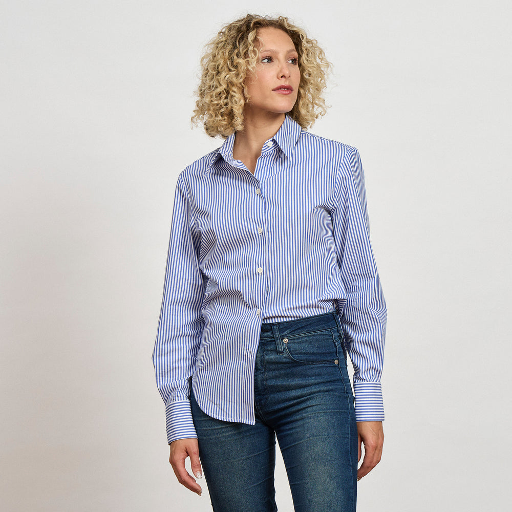 The Striped Poplin Shirt in Organic Cotton Poplin 110GSM, Blue Stripe