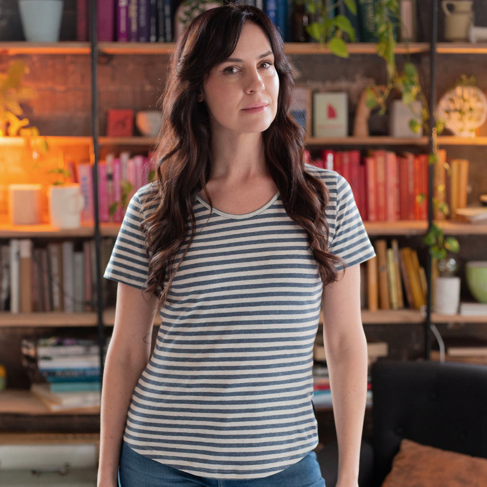 Women's Indigo-Cream Stripe Cotton-Linen Tee