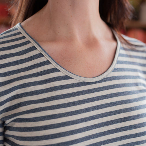 Women's Indigo-Cream Stripe Cotton-Linen Tee