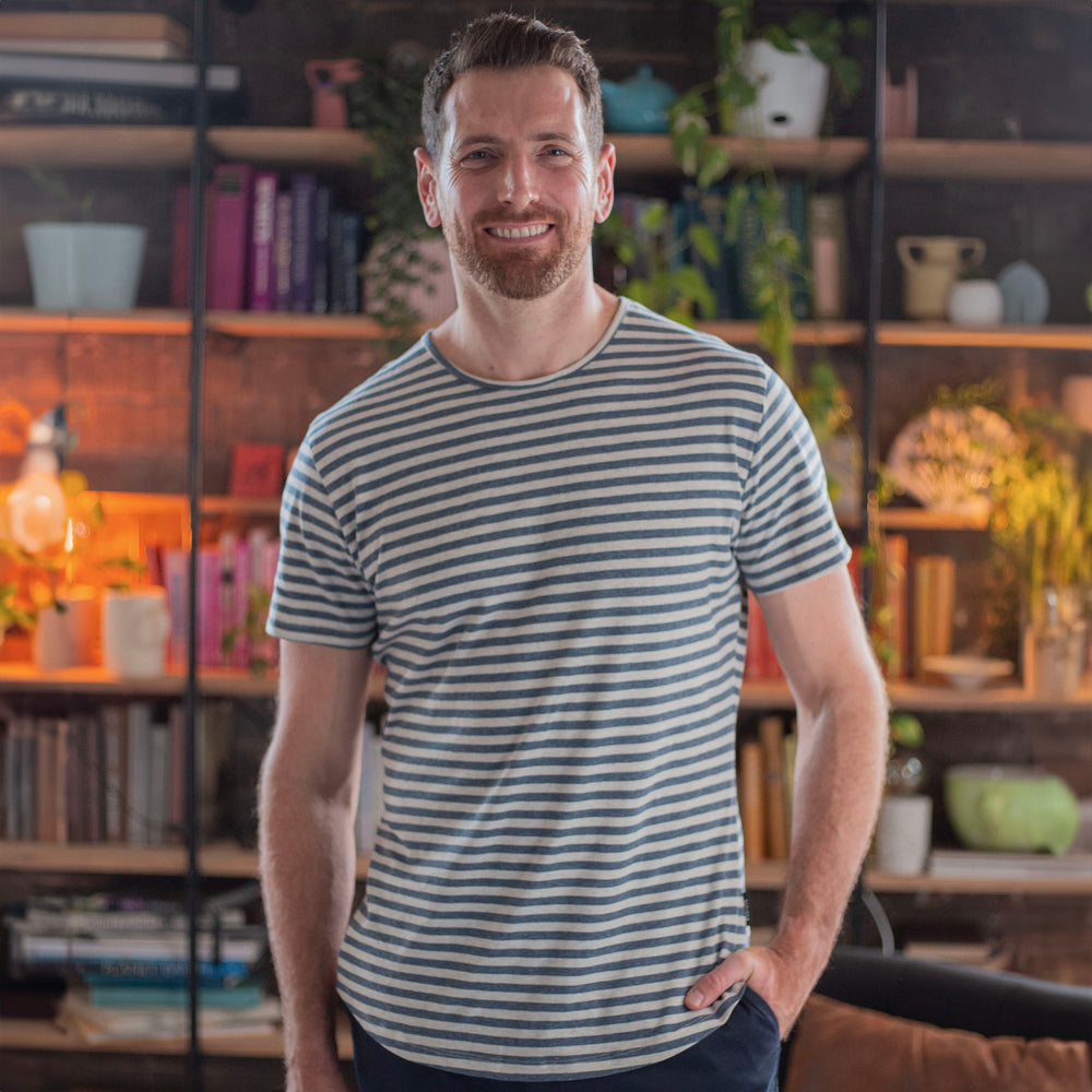 Men's Indigo-Cream Stripe Cotton-Linen Tee