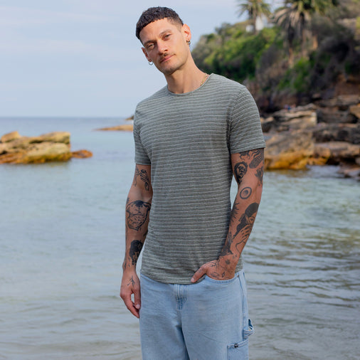 The Men's Striped Hemp Crew Tee in 55% Hemp / 45% Organic Cotton 210GSM, Army White Pinstripe