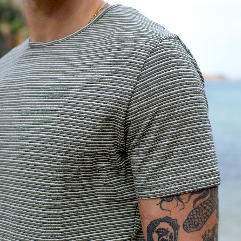 The Men's Striped Hemp Crew Tee in 55% Hemp / 45% Organic Cotton 210GSM, Army White Pinstripe