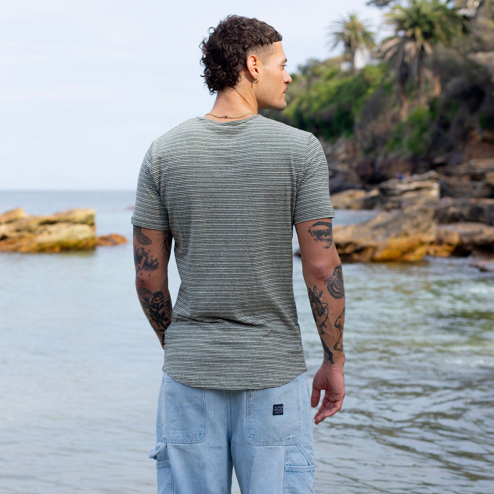 The Men's Striped Hemp Crew Tee in 55% Hemp / 45% Organic Cotton 210GSM, Army White Pinstripe