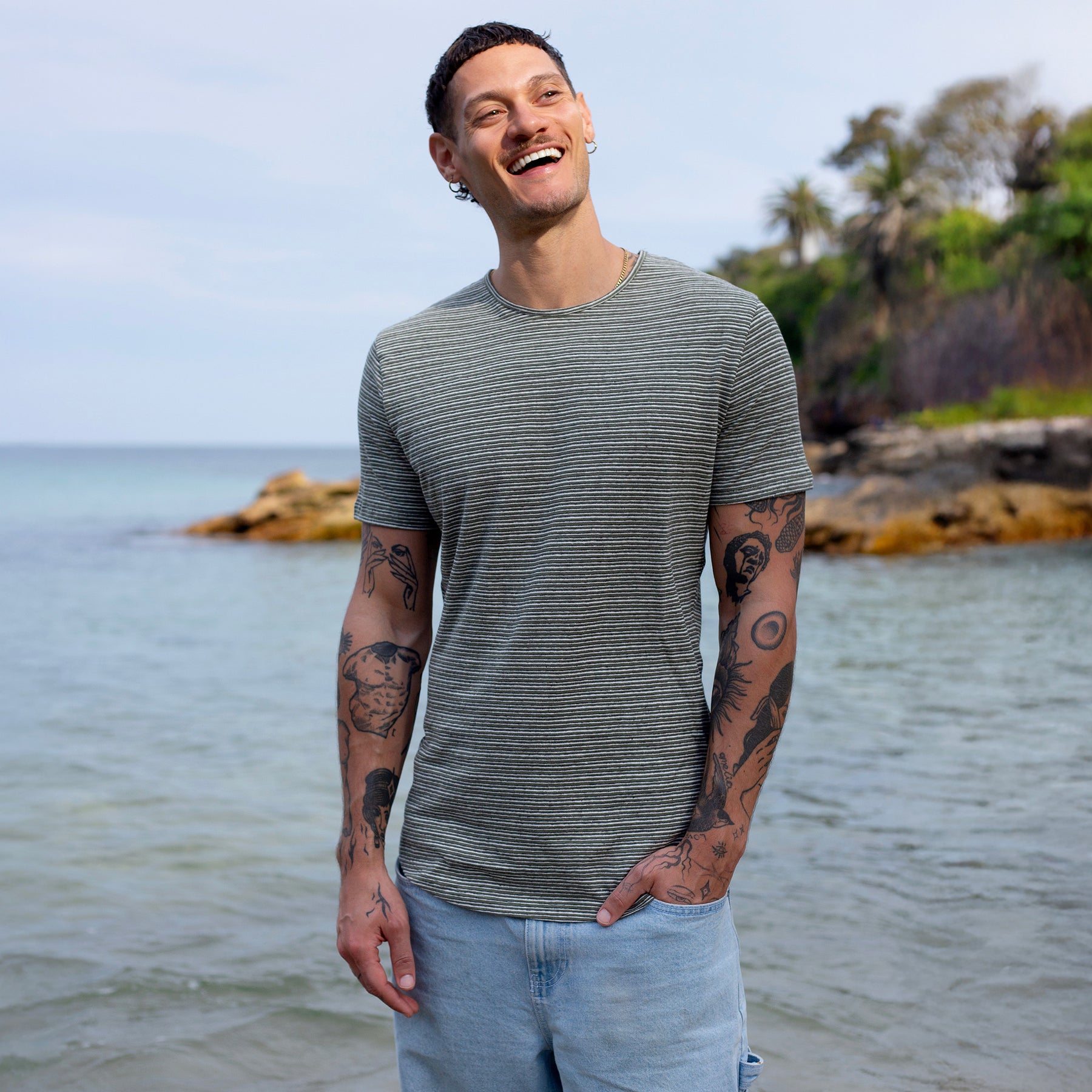 The Men's Striped Hemp Crew Tee in 55% Hemp / 45% Organic Cotton 210GSM, Army White Pinstripe