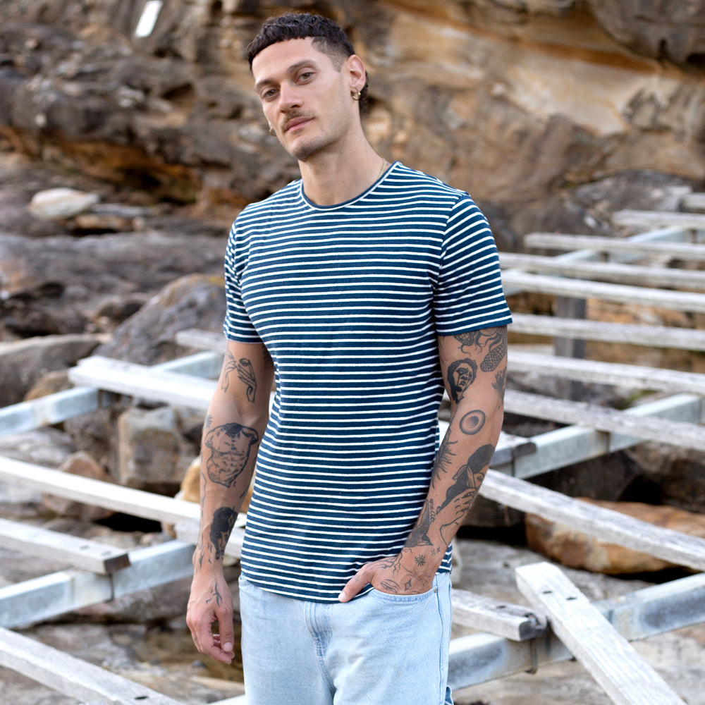 The Men's Striped Hemp Crew Tee in 55% Hemp / 45% Organic Cotton 210GSM, Navy White Reverse Stripe