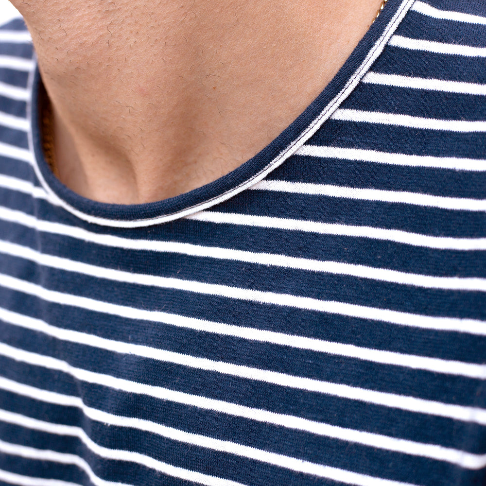 The Men's Striped Hemp Crew Tee in 55% Hemp / 45% Organic Cotton 210GSM, Navy White Reverse Stripe
