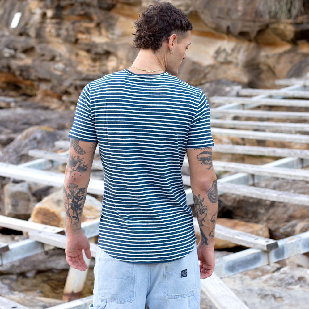 The Men's Striped Hemp Crew Tee in 55% Hemp / 45% Organic Cotton 210GSM, Navy White Reverse Stripe