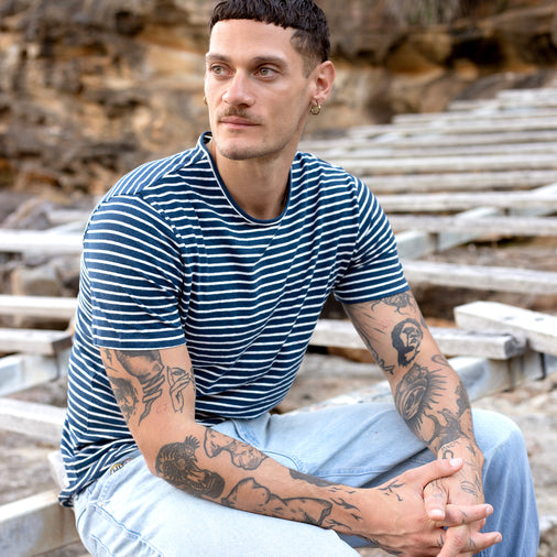 The Men's Striped Hemp Crew Tee in 55% Hemp / 45% Organic Cotton 210GSM, Navy White Reverse Stripe