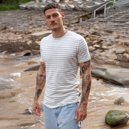 The Men's Striped Hemp Crew Tee in 55% Hemp / 45% Organic Cotton 210GSM, Off White / Grey Stripe