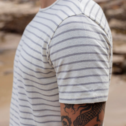 The Men's Striped Hemp Crew Tee in 55% Hemp / 45% Organic Cotton 210GSM, Off White / Grey Stripe