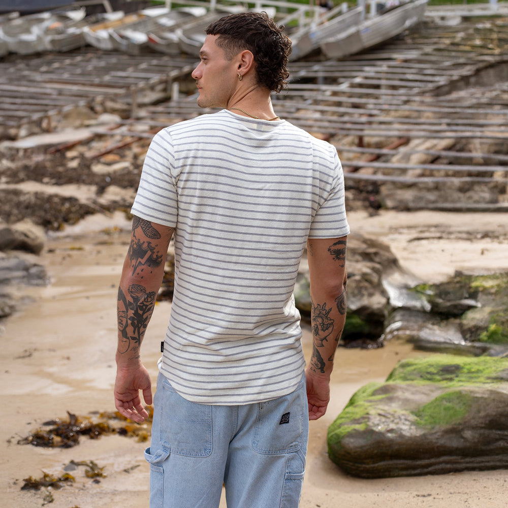 The Men's Striped Hemp Crew Tee in 55% Hemp / 45% Organic Cotton 210GSM, Off White / Grey Stripe