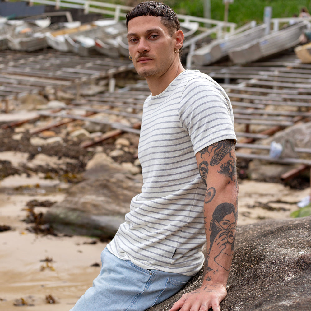 The Men's Striped Hemp Crew Tee in 55% Hemp / 45% Organic Cotton 210GSM, Off White / Grey Stripe
