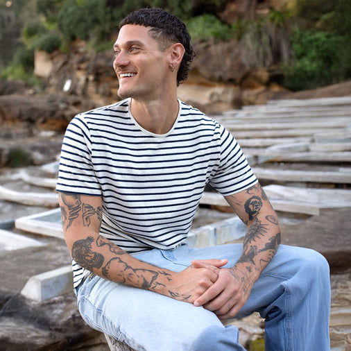 The Men's Striped Hemp Crew Tee in 55% Hemp / 45% Organic Cotton 210GSM, Off White Navy Stripe