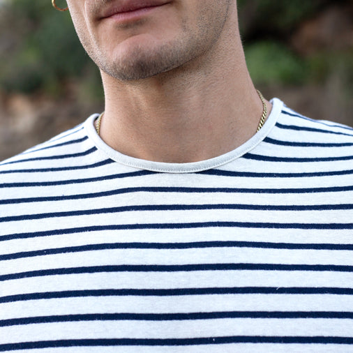 The Men's Striped Hemp Crew Tee in 55% Hemp / 45% Organic Cotton 210GSM, Off White Navy Stripe