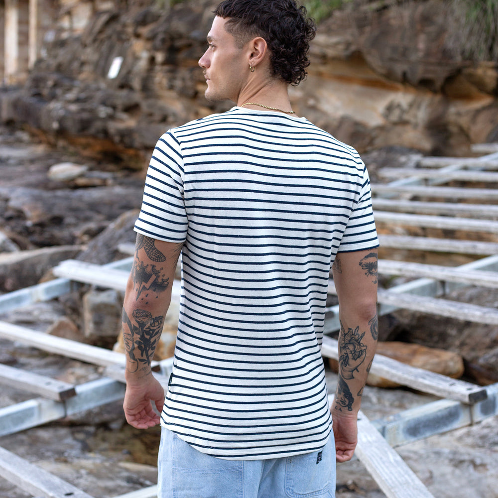 The Men's Striped Hemp Crew Tee in 55% Hemp / 45% Organic Cotton 210GSM, Off White Navy Stripe