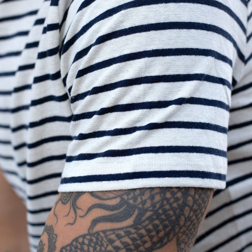 The Men's Striped Hemp Crew Tee in 55% Hemp / 45% Organic Cotton 210GSM, Off White Navy Stripe