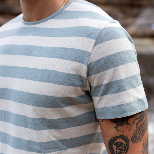 The Men's Striped Hemp Crew Tee in 55% Hemp / 45% Organic Cotton 210GSM, Pastel Blue White Awning Stripe