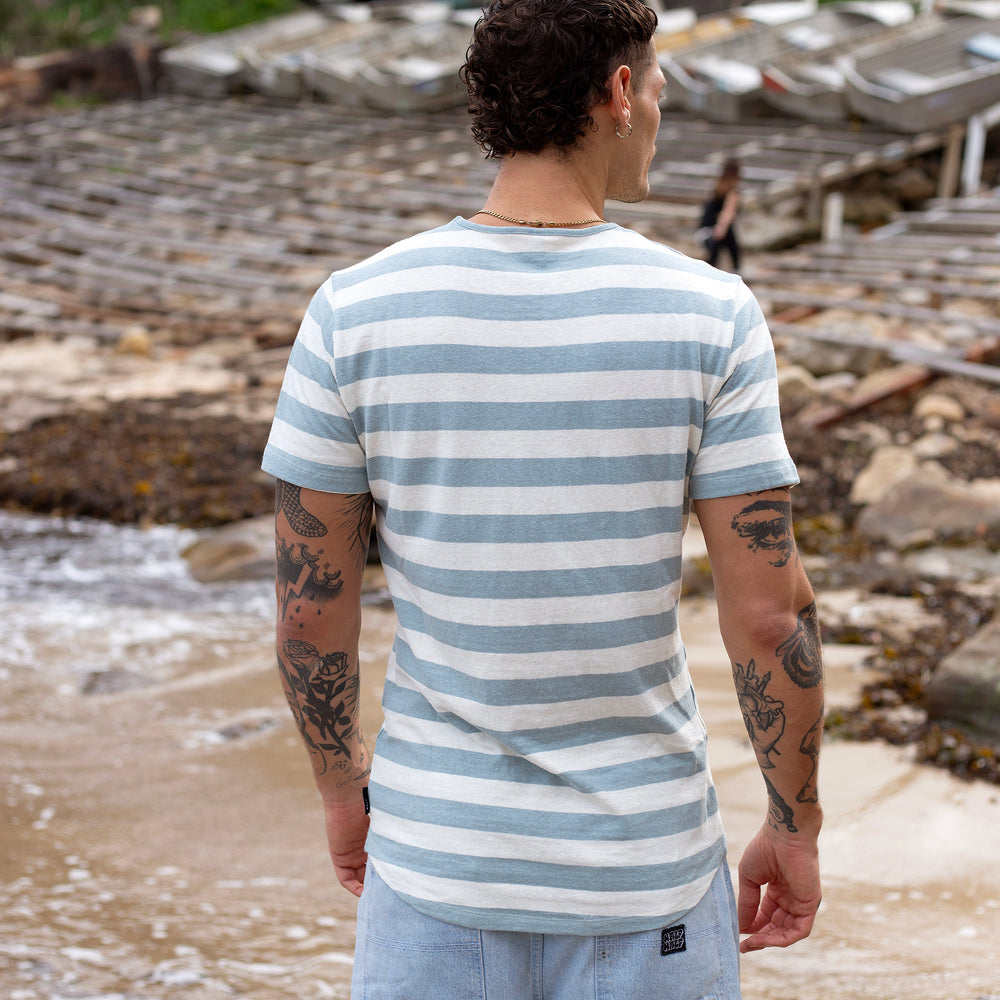 The Men's Striped Hemp Crew Tee in 55% Hemp / 45% Organic Cotton 210GSM, Pastel Blue White Awning Stripe