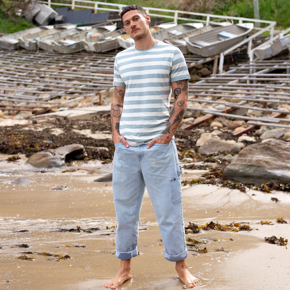 The Men's Striped Hemp Crew Tee in 55% Hemp / 45% Organic Cotton 210GSM, Pastel Blue White Awning Stripe