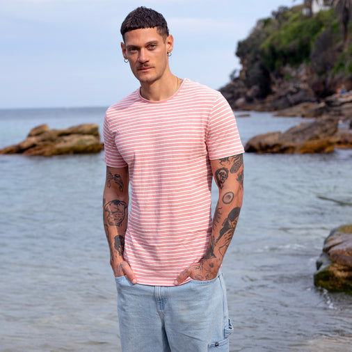 The Men's Striped Hemp Crew Tee in 55% Hemp / 45% Organic Cotton 210GSM, Rose White Reverse Stripe