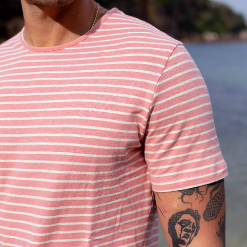 The Men's Striped Hemp Crew Tee in 55% Hemp / 45% Organic Cotton 210GSM, Rose White Reverse Stripe