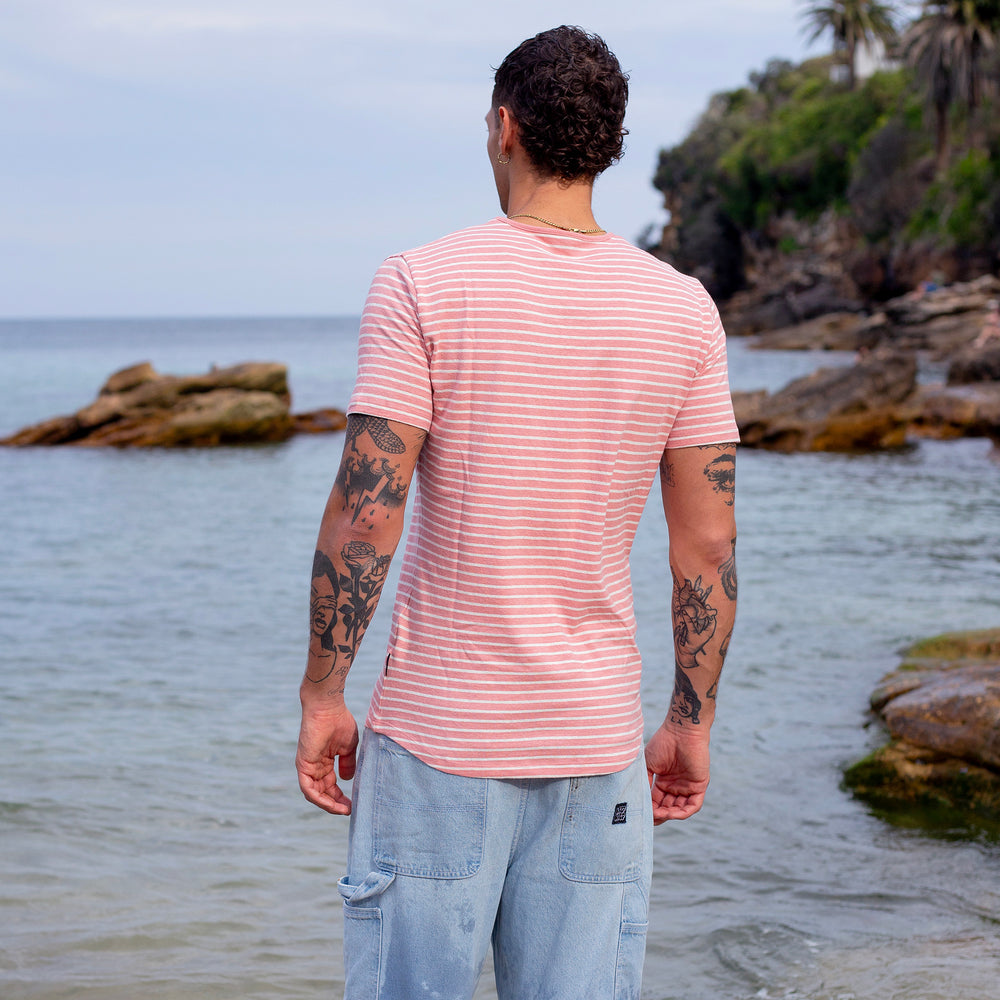 The Men's Striped Hemp Crew Tee in 55% Hemp / 45% Organic Cotton 210GSM, Rose White Reverse Stripe