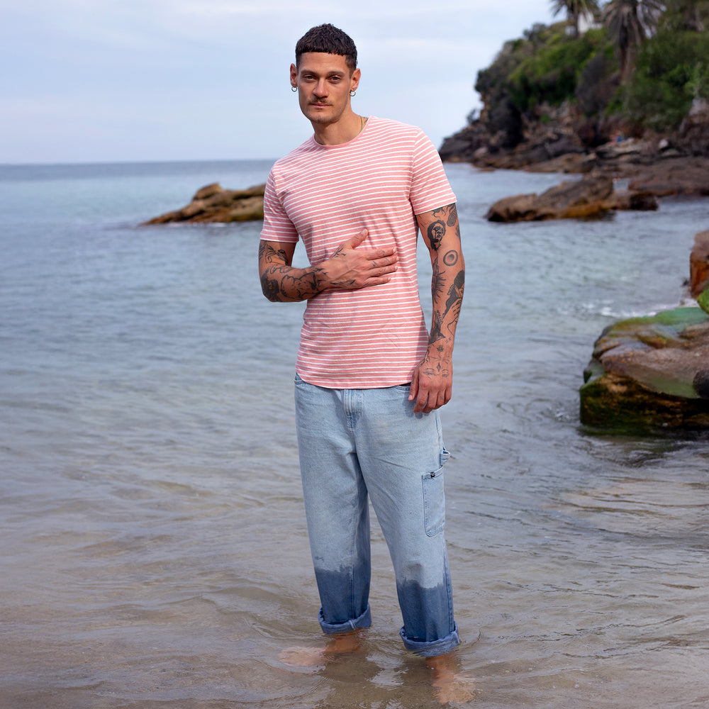 The Men's Striped Hemp Crew Tee in 55% Hemp / 45% Organic Cotton 210GSM, Rose White Reverse Stripe