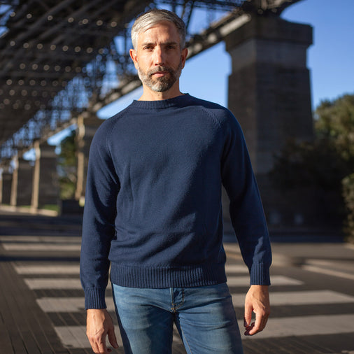 The Men's Limited Edition Zero Waste Merino Jumper in 100% Fine Merino Wool, Navy