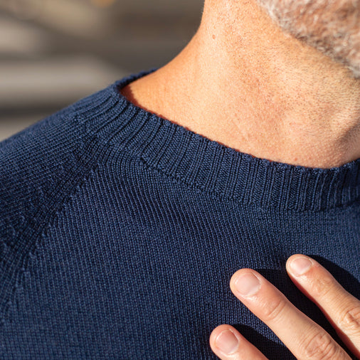 The Men's Limited Edition Zero Waste Merino Jumper in 100% Fine Merino Wool, Navy