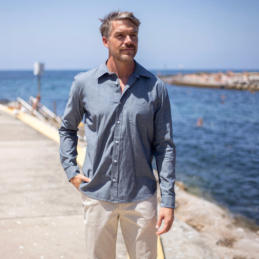 The Men's Limited Edition Faded Denim Chambray Shirt in Cotton Chambray 160GSM, Faded Denim