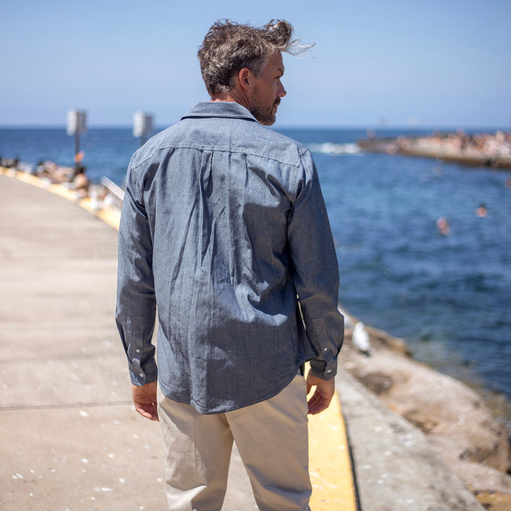 The Men's Limited Edition Faded Denim Chambray Shirt in Cotton Chambray 160GSM, Faded Denim