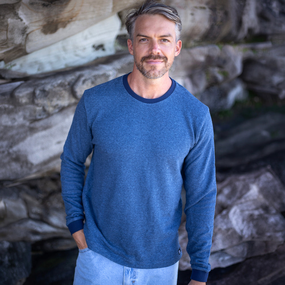 The Men's Limited Edition Indigo Pinstripe Hemp Sweatshirt in 55% Hemp, 45% Organic Cotton, Indigo / Blue Pinstripe
