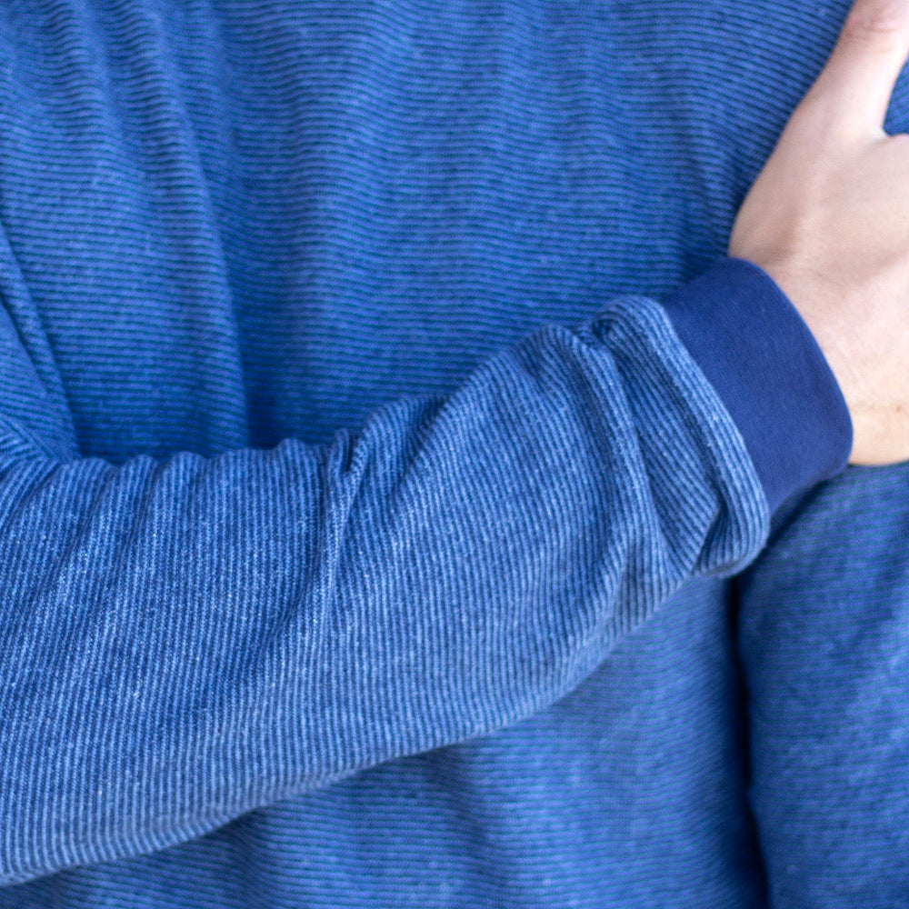 The Men's Limited Edition Indigo Pinstripe Hemp Sweatshirt in 55% Hemp, 45% Organic Cotton, Indigo / Blue Pinstripe