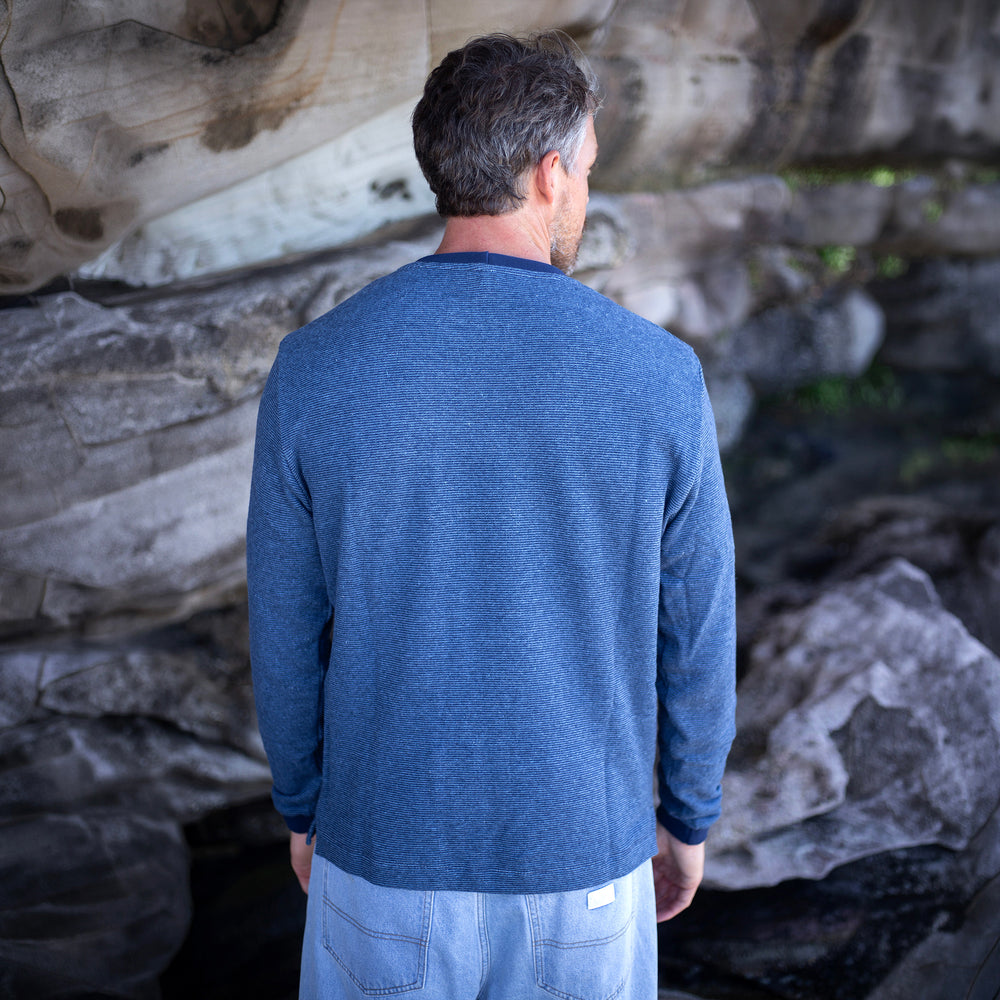 The Men's Limited Edition Indigo Pinstripe Hemp Sweatshirt in 55% Hemp, 45% Organic Cotton, Indigo / Blue Pinstripe