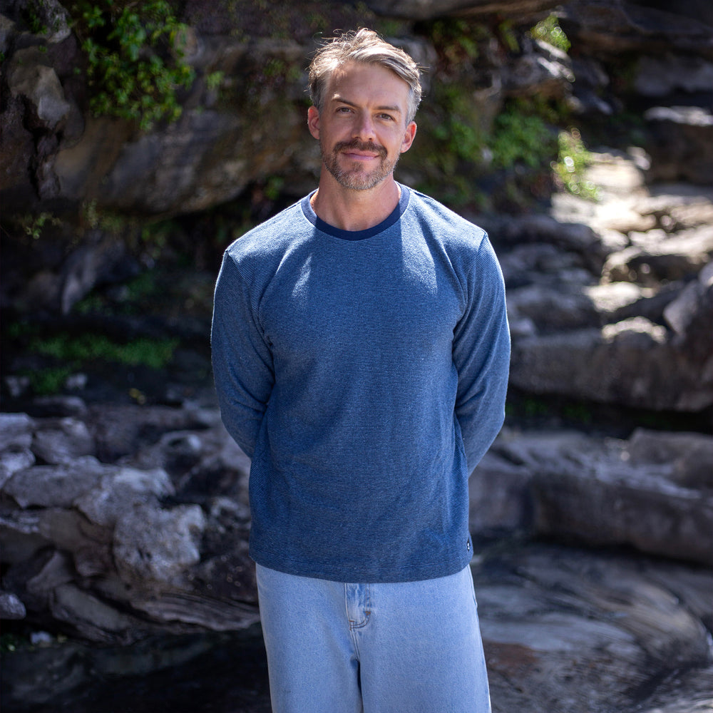 The Men's Limited Edition Indigo Pinstripe Hemp Sweatshirt in 55% Hemp, 45% Organic Cotton, Indigo / Blue Pinstripe