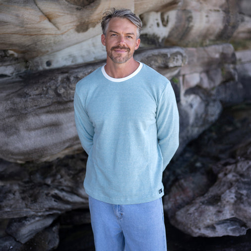 The Men's Limited Edition Blue Pinstripe Hemp Sweatshirt in 55% Hemp, 45% Organic Cotton, Blue / White Pinstripe