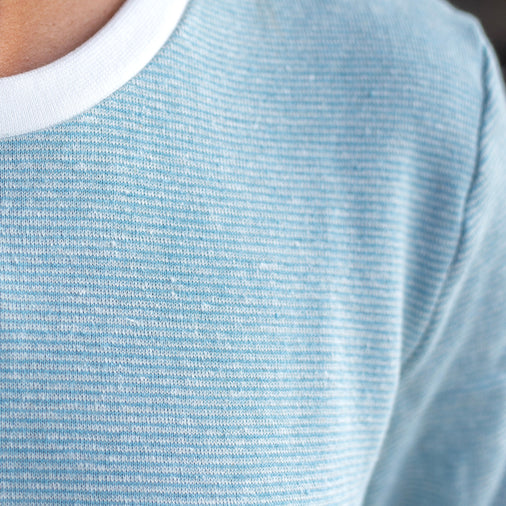 The Men's Limited Edition Blue Pinstripe Hemp Sweatshirt in 55% Hemp, 45% Organic Cotton, Blue / White Pinstripe