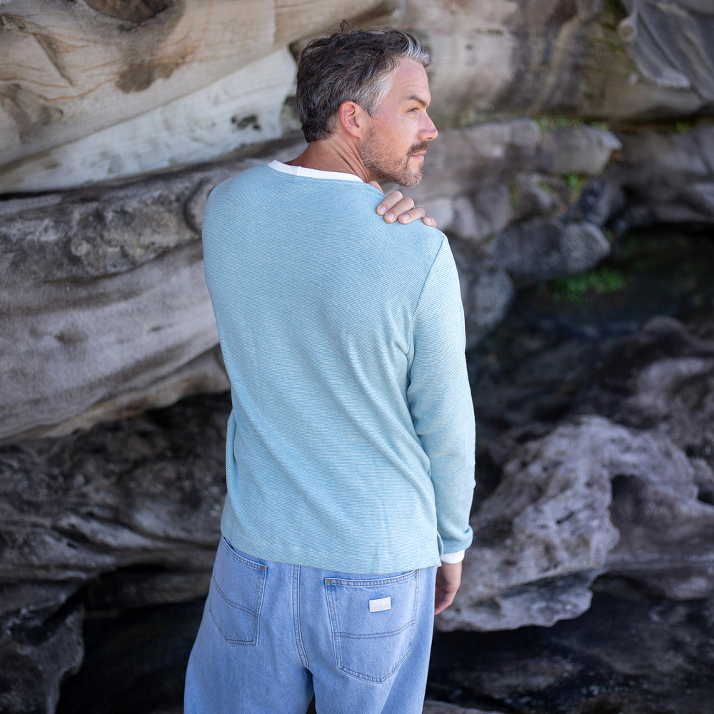 The Men's Limited Edition Blue Pinstripe Hemp Sweatshirt in 55% Hemp, 45% Organic Cotton, Blue / White Pinstripe